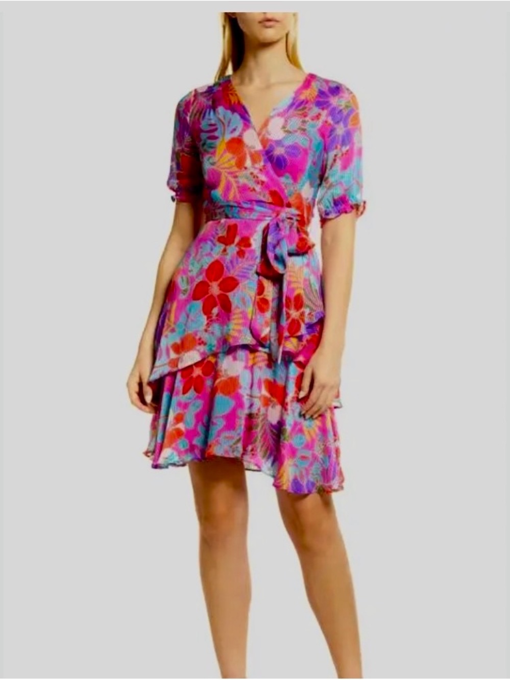 Tahari ASL Pink & Red Floral Wrap Mini Dress